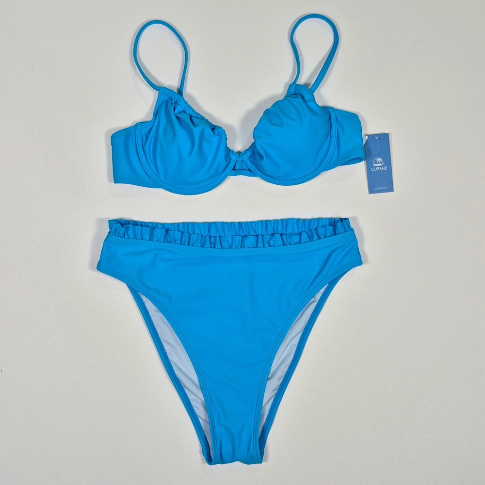 Cupshe Blue Underwire Bikini Set High Waisted Ruffle Swimsuit NWT Medium